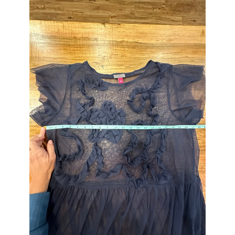 Women's Vince Camuto Navy Sheer Ruffle Dress L - Picture 7 of 8